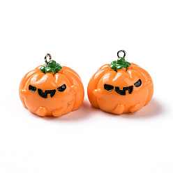 Dark Orange Halloween Opaque Resin Pendants, Pumpkin Jack-O'-Lantern Charms, with Platinum Tone Iron Loops, Dark Orange, 21.5x27x27mm, Hole: 2mm