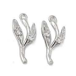 Платинированный Кулон из латуни с прозрачным кубическим цирконием, лист прелести, без кадмия, без никеля и без свинца, Реальная платина, 21x9x2 мм, отверстие : 1.5 мм