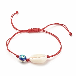 Red Acrylic Shell & Enamel Evil Eye Braided Bead Bracelet, Adjustable Bracelet for Women, Red, Inner Diameter: 1/2~3-1/2 inch(1.4~8.8cm)