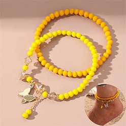 Желтый Комплекты двухслойных браслетов на щиколотку из богемской смолы и стеклянных бусин, с сплава бабочки прелести, золотые, желтые, 9-1/8 дюйм (230 мм), 2 шт / комплект