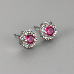 Средний Фиолетово-красный Серьги-гвоздики из латуни с прозрачными кубическими циркониями ко Дню святого Валентина, цветок, платина, средне фиолетовый красный, 8x8 мм