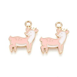 Pink Alloy Pendants, with Enamel, Sika Deer, Light Gold, Pink, 22x18x2mm, Hole: 2.5mm