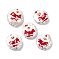 Santa Claus Baroque Style Natural Keshi Pearl Beads, Hand Drawn Beads, Christmas Theme Beads with Enamel, Flat Round, Seashell Color, Santa Claus, 17~20x15~17x4~7mm, Hole: 0.7mm
