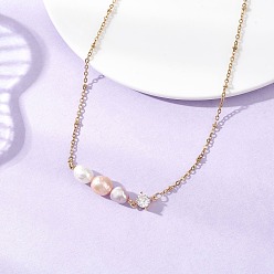 Pink Подвеска из натурального культивированного пресноводного жемчуга и стеклянных бусин 304 цепочка-спутник из нержавеющей стали для женщин, золотые, розовые, 15.55 дюйм (39.5 см)