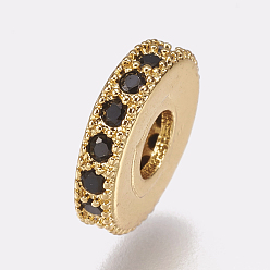 Golden Brass Micro Pave Cubic Zirconia Bead Spacers, Flat Round, Black, Golden, 8x2mm, Hole: 3mm