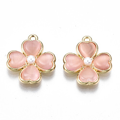 Pink Rack Plating Alloy Pendants, with ABS Plastic Imitation Pearl and Cat Eye, Cadmium Free & Lead Free, Clover, Light Gold, Pink, 19.5x17x4.5mm, Hole: 1.5mm