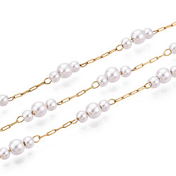Кремово-белый 304 кабельные цепи из нержавеющей стали, с круглым прессом с имитацией жемчуга, реальный 18 k позолоченный, пайки, с катушкой, кремово-белые, 4 мм