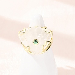 Quartz Crystal Natural Quartz Crystal Cuff Rings, Shell Shape, Brass Micro Pave Cubic Zirconia Cuff Open Rings, Golden, 24.5mm, US Size 7 1/4(17.5mm)