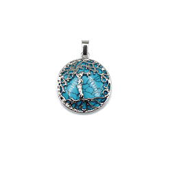 Синтетическая Бирюза Синтетические бирюзовые подвески, Подвески «Древо жизни» с фурнитурой из сплава с платиновым покрытием, 31x27 мм