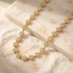 Golden 304 Stainless Steel Pave Clear Cubic Zirconia 5-Petal Flower Link Chain Necklaces for Women, Golden, 14.96 inch(38cm)