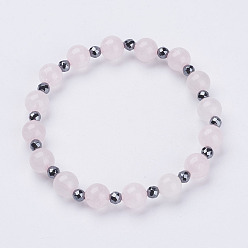 Rosenquarz Natürlichen Rosenquarz Stretch-Armbänder, Mit facettierten nichtmagnetischen synthetischen Hämatitperlen, 2-1/4 Zoll (57 mm)