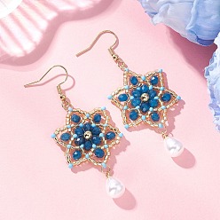 Синий Серьги-подвески в форме цветка из натурального малазийского нефрита и стеклянного бисера, украшенные крашеными цветами., с фурнитурой для сережек из нержавеющей стали, золотые, синие, 65~65.5x26 мм