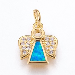 Темно-Голубой Латуни циркония кубической подвески, с синтетическим опалом, ангел, золотые, глубокое синее небо, 14.5x12x2.5 мм, отверстие : 4 мм