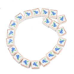 Королевский синий Печатные ручной фарфоровые бусы, площадь с цветочным узором, королевский синий, 15~15.5x15~15.5x7.5~8 мм, отверстие : 2 мм