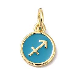Темный Голубой Настоящие золотые латунные эмалевые брелоки 18 k, с целью перехода в кольце, долговечный, без свинца и без кадмия, плоский круглый с подвесками в виде Стрельца, темные голубые, 10x8x1 мм, отверстие : 4 мм