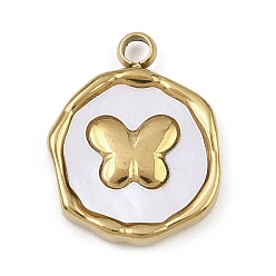 Настоящее золото 18K Натуральный белый оболочки подвески, плоский круглый с подвесками в виде бабочек, с 304 установками из нержавеющей стали, ионное покрытие (ip), реальный 18 k позолоченный, 16x12.5x3 мм, отверстие : 1.8 мм