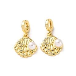 Настоящее золото 18K Подвески в форме ракушки из латуни с микропаве из кубического циркония, европейские подвески., Подвески с большими отверстиями и бусинами из искусственного жемчуга из АБС-пластика, без кадмия и без свинца, долговечный, стойки покрытие, реальный 18 k позолоченный, 30 мм, отверстие : 4.8 мм