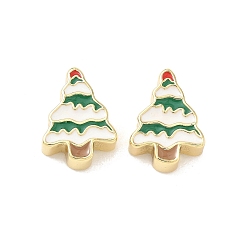 Рождественская елка Рождественские латунные эмалевые бусины, без свинца и без кадмия, долговечный, реальный 18 k позолоченный, стойки покрытие, рождественская елка, 15x11x5 мм, отверстие : 2 мм