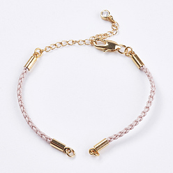 Лавандовый румянец Плетеный браслет из хлопкового шнура, с латунным когтя омара застежками и удлинителей цепей, со стразами, золотые, лавандовый румянец, 5-3/8 дюйм ~ 5-1/2 дюйм (13.5~14 см), 3 мм, отверстие : 2 мм