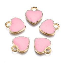 Pink Alloy Enamel Charms, Heart, Light Gold, Pink, 12x10x2mm, Hole: 2mm