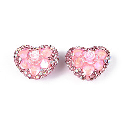 Pink Полимерная глина в форме сердца, украшенная стразами, с цветком из смолы и стеклом, фокусные бусины для ручек с бусинами изготовление бижутерии брелок, розовые, 18~20.5x24.5~25.5x15.5~18 мм, отверстие : 1.8 мм