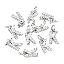 Letter K Colgantes Shegrace de latón con microengaste de circonitas cúbicas transparentes, sin níquel, 925 chapado en plata de ley, encantos de la letra k, 11.5x7x2.5 mm, anillo de salto: 5x1 mm, diámetro interior: 3 mm