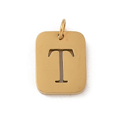 Letter T 304 прелести нержавеющей стали, с целью перехода в кольце, золотые, прямоугольник с подвеской в виде буквы, Письмо T, 12.5x9.5x1.5 мм, отверстие : 3 мм