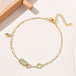 Real 18K Gold Plated Brass Micro Pave Clear Cubic Zirconia Column Charm Bracelets, Long-Lasting Plated, Rack Plating, Lead Free & Cadmium Free, Real 18K Gold Plated, 6.69 inch(17cm)