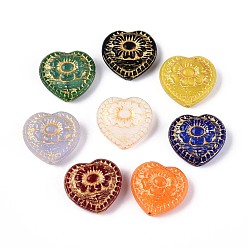 (52) Непрозрачная лаванда Стеклянные бусины, Сердце со цветками , золотой металл обвитыми, разноцветные, 16.5~17x18x7 мм, отверстие : 1 мм
