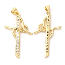 Real 16K Gold Plated Rack Plating Brass Pendants, with Cubic Zirconia, Sword, Real 16K Gold Plated, 36x20.5x3mm, Hole: 4.5x3mm