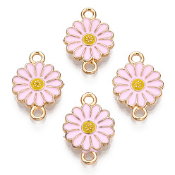 Pearl Pink Zinc Alloy Enamel Sunflower Connector Charms, Flower Links, Light Gold, Pearl Pink, 18x12x2mm, Hole: 1.8mm