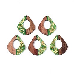 Зеленый лайм Подвески из непрозрачной смолы и орехового дерева, слезинки, с блестящей пудрой и золотой фольгой, зеленый лайм, 32.5x27.5x3 мм, отверстие : 2 мм
