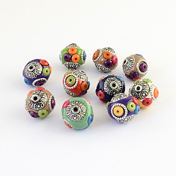 Gemischte Farbe Manuell Indonesiene Perlen, mit Harzkügelchen, Legierungskerne, Runde, Antik Silber Farbe, Gemischte Farbe, 14~15x14~16 mm, Bohrung: 1.5~2 mm