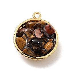 Тигровый глаз Подвески из натурального тигрового глаза, с реечным покрытием из латуни с покрытием из настоящего золота 18k, круглые, без кадмия, без никеля и без свинца, 24x20x10~13 мм, отверстие : 1.8 мм