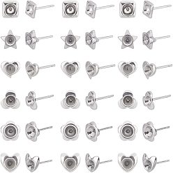 Stainless Steel Color 120Pcs Heart & Flower & Star & Square 304 Stainless Steel Ear Stud Components, for Pointed Back Rivoli Rhinestone, Stainless Steel Color, 20pcs/style