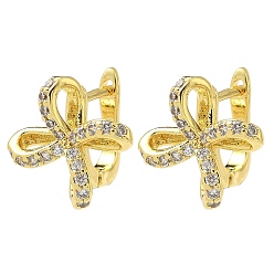 Настоящее золото 18K Фурнитура для сережек-колец с бантом из латуни с микропаве из прозрачного кубического циркония, без кадмия и без свинца, долговечный, стойки покрытие, реальный 18 k позолоченный, 14.5x15 мм, отверстие : 1.2 мм, штифты : 0.8 мм