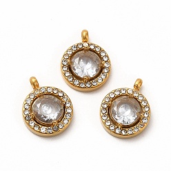 Прозрачный Вакуумное покрытие pvd 304 подвески из нержавеющей стали с кубическим цирконием, со стразами, плоские круглые прелести, прозрачные, 13x10.5x4 мм, отверстие : 1.8 мм