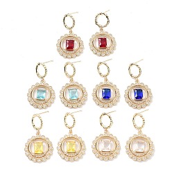Mixed Color Flat Round Light Gold Brass Micro Pave Cubic Zirconia Stud Earrings, Glass Drop Earrings, Mixed Color, 35x20mm