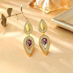 Dark Orchid Brass Micro Pave Cubic Zirconia Stud Earrings, Teardrop, Golden, Dark Orchid, 33x10mm