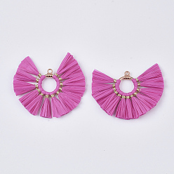 DeepPink Подвески из натуральной рафии с кисточкой, со сплавочной фурнитурой для кольца, веерообразный, золотой свет, фуксиново-красные, 50~53x54~56x3 мм, отверстие : 2 мм