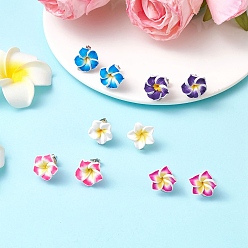 (52) Непрозрачная лаванда Серьги-гвоздики из полимерной глины ручной работы «Плюмерия», с устойчивой к потускнению 304 фурнитурой для сережек-гвоздиков из нержавеющей стали, цвет нержавеющей стали, разноцветные, 15x15.5 мм