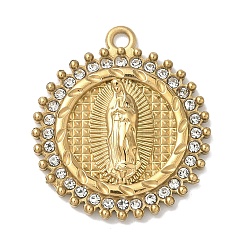 Настоящее золото 18K 304 подвески из нержавеющей стали и страз, плоский круглый с шармом Девы Марии, вакуумное покрытие pvd, кристалл, реальный 18 k позолоченный, 23.5x20.5x3 мм, отверстие : 1.6 мм
