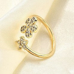 Настоящее золото 18K Латунные кольца-манжеты с микропаве и прозрачным цирконием для женщин, без кадмия, без никеля и без свинца, цветок, реальный 18 k позолоченный, внутренний диаметр: американский размер 6 3/4 (17.1 мм)