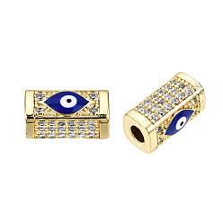 Dark Blue Brass Micro Pave Cubic Zirconia Beads, with Enamel, Real 18K Gold Plated, Rectangle with Evil Eye, Nickel Free, Dark Blue, 14x8x7mm, Hole: 3.5mm