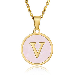 Letter V Natural Shell Initial Letter Pendant Necklace, with Golden Stainless Steel Cable Chains, Letter V, 17.72 inch(45cm)