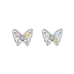 Platinum Brass Butterfly Stud Earrings for Women, Platinum, 7x7mm