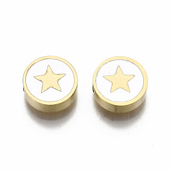 Golden 304 Edelstahlkugeln, Laserschnitt, mit Emaille, weiß, flach rund mit Stern, golden, 9.5x3 mm, Bohrung: 2 mm