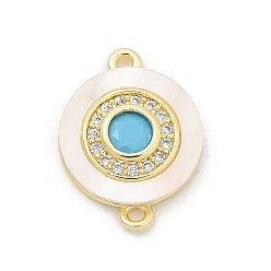 Плоский Круглый Подвески-коннекторы из латуни с микропаве из прозрачного кубического циркония и ракушки, с небесно-голубым стеклом, реальный 18 k позолоченный, плоско-круглые, 16.5x12x2.5 мм, отверстие : 1.2 мм