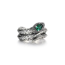 Antique Silver Brass Pave Cubic Zirconia Cuff Open Rings, Snake, Antique Silver, 15~20mm