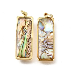 Rectangle Подвески из натуральной ракушки пауа и эпоксидной смолы, латунные геометрические подвески, с прыжковых колец, золотые, прямоугольные, 26.5x9.5x4~4.5 мм, отверстие : 3 мм